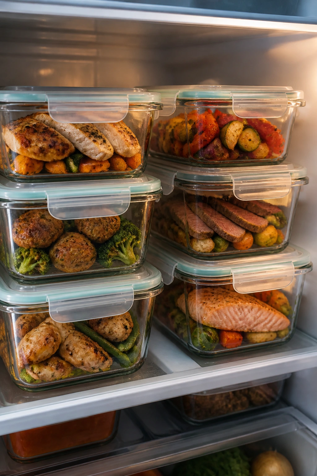 Close-up of airtight meal-prep containers with leftovers in a fridge, illustrating make-ahead storage.