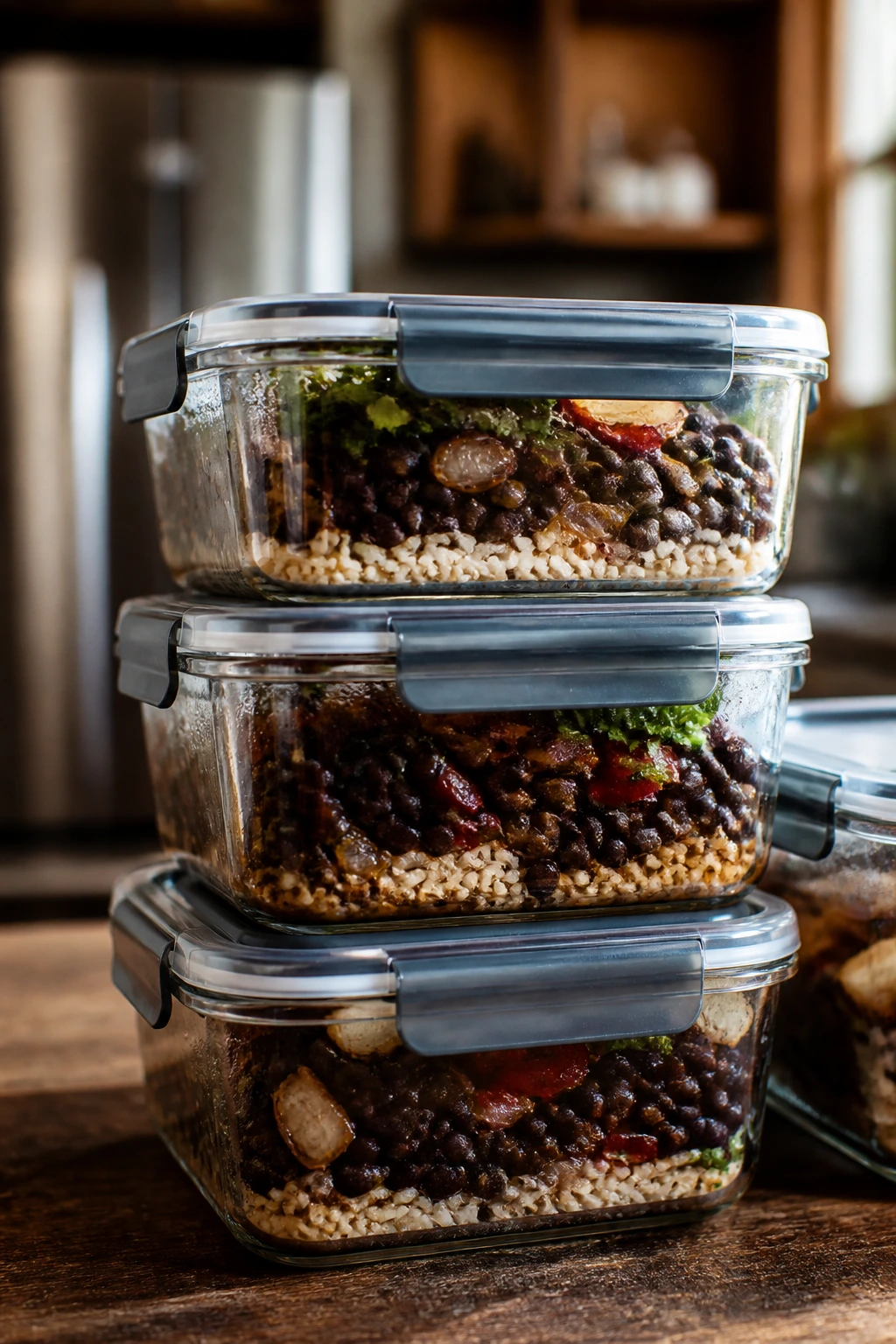 Close-up of glass storage containers with leftovers on a wooden kitchen counter representing make-ahead storage and reheating.