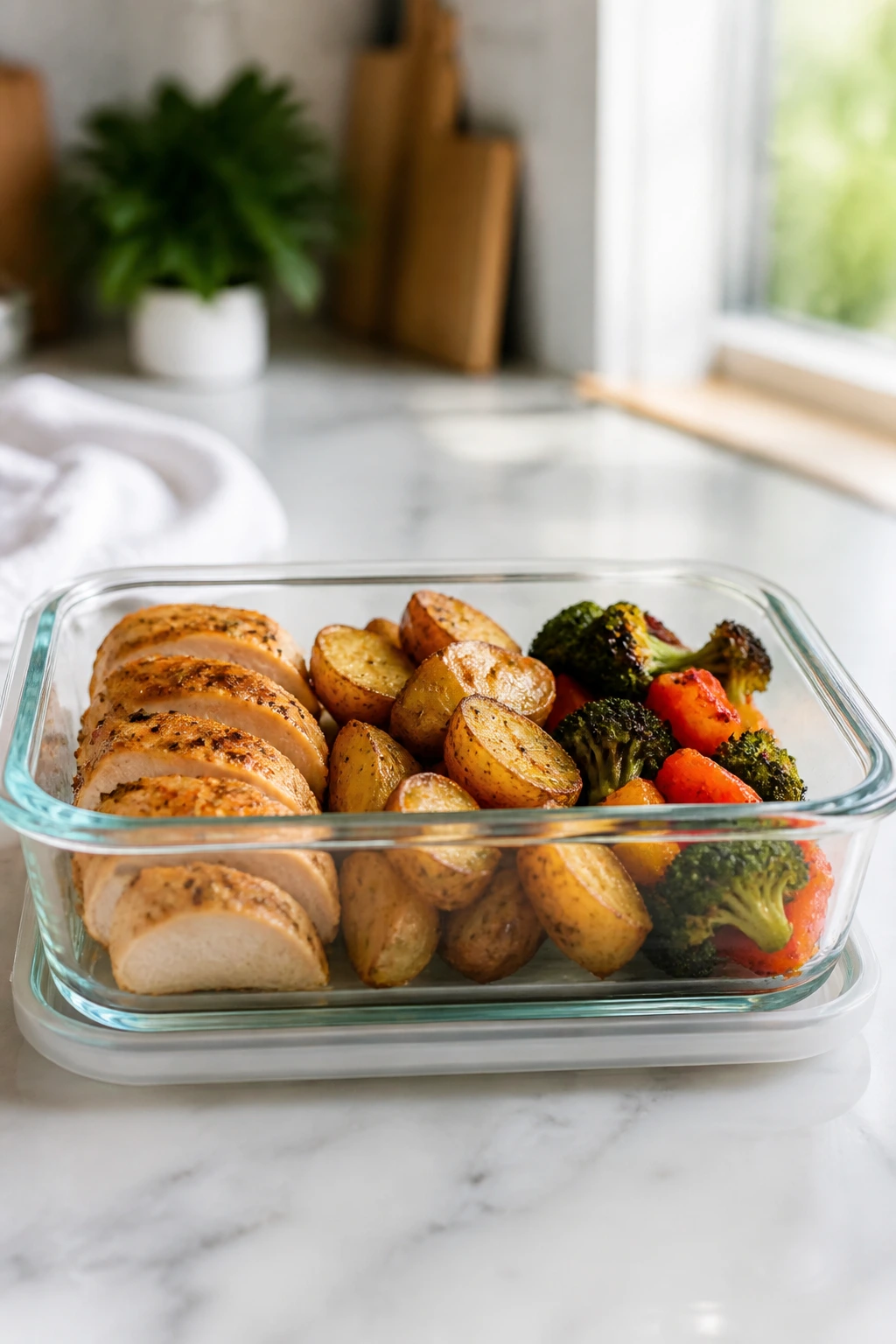 Airtight container with sheet-pan leftovers on a kitchen counter