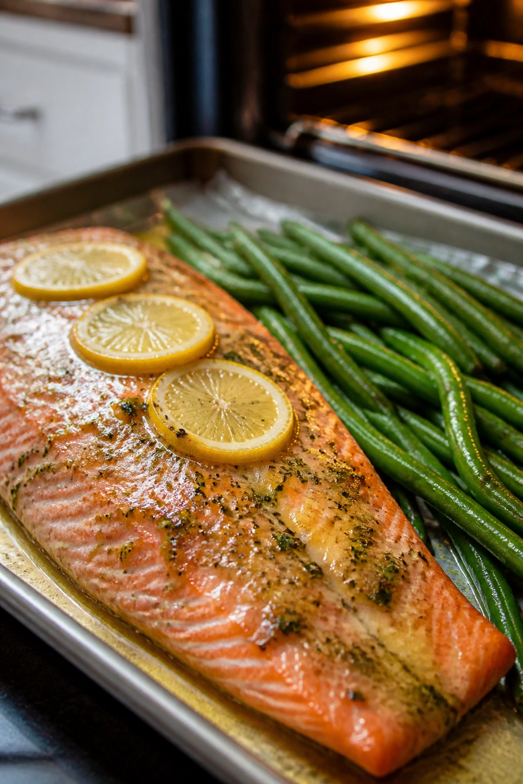 Salmon fillet with lemon butter and green beans on a sheet pan