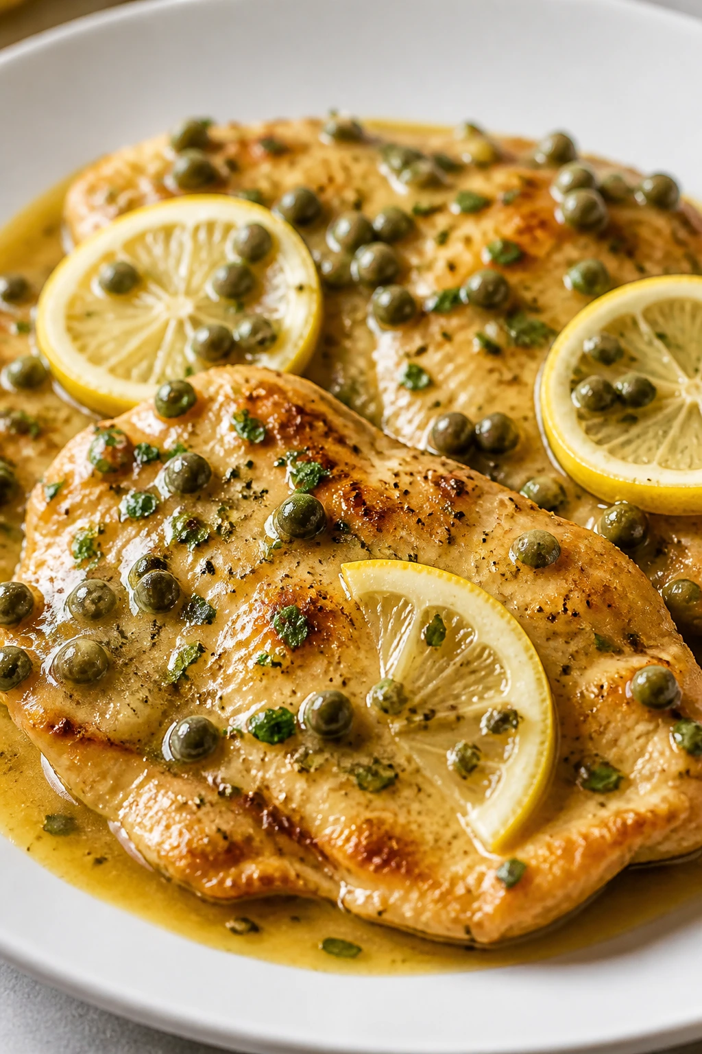 Thin chicken piccata cutlets with lemon caper sauce on plate