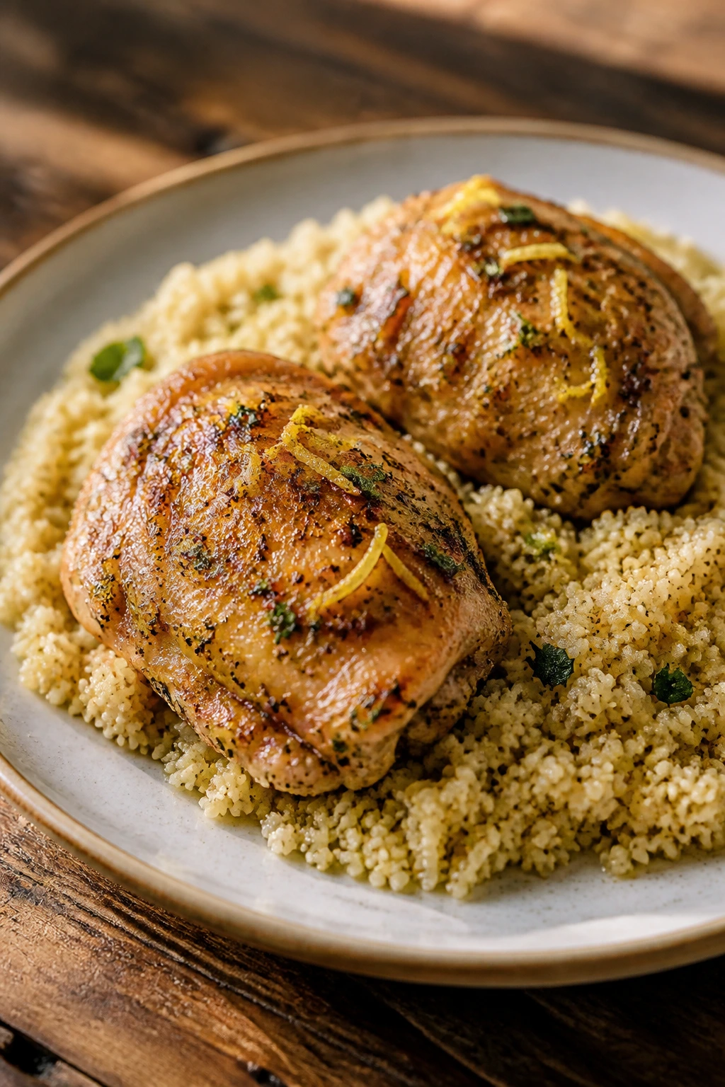 Close-up of lemon herb chicken thighs on a bed of couscous on a wooden table.