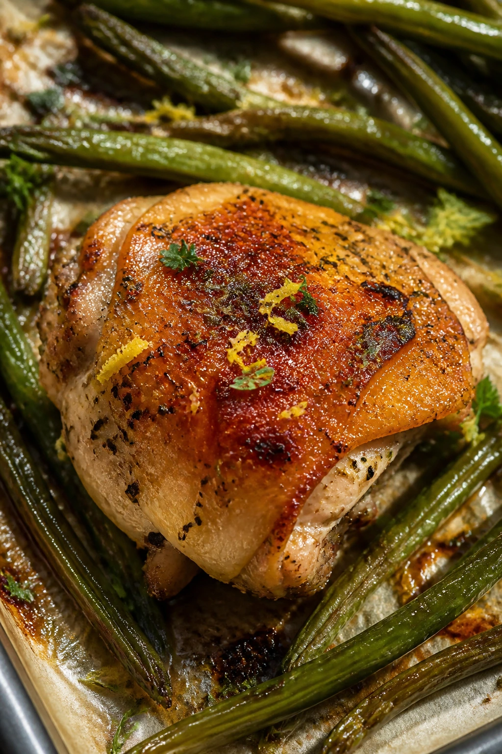 Crispy lemon herb chicken thigh with green beans