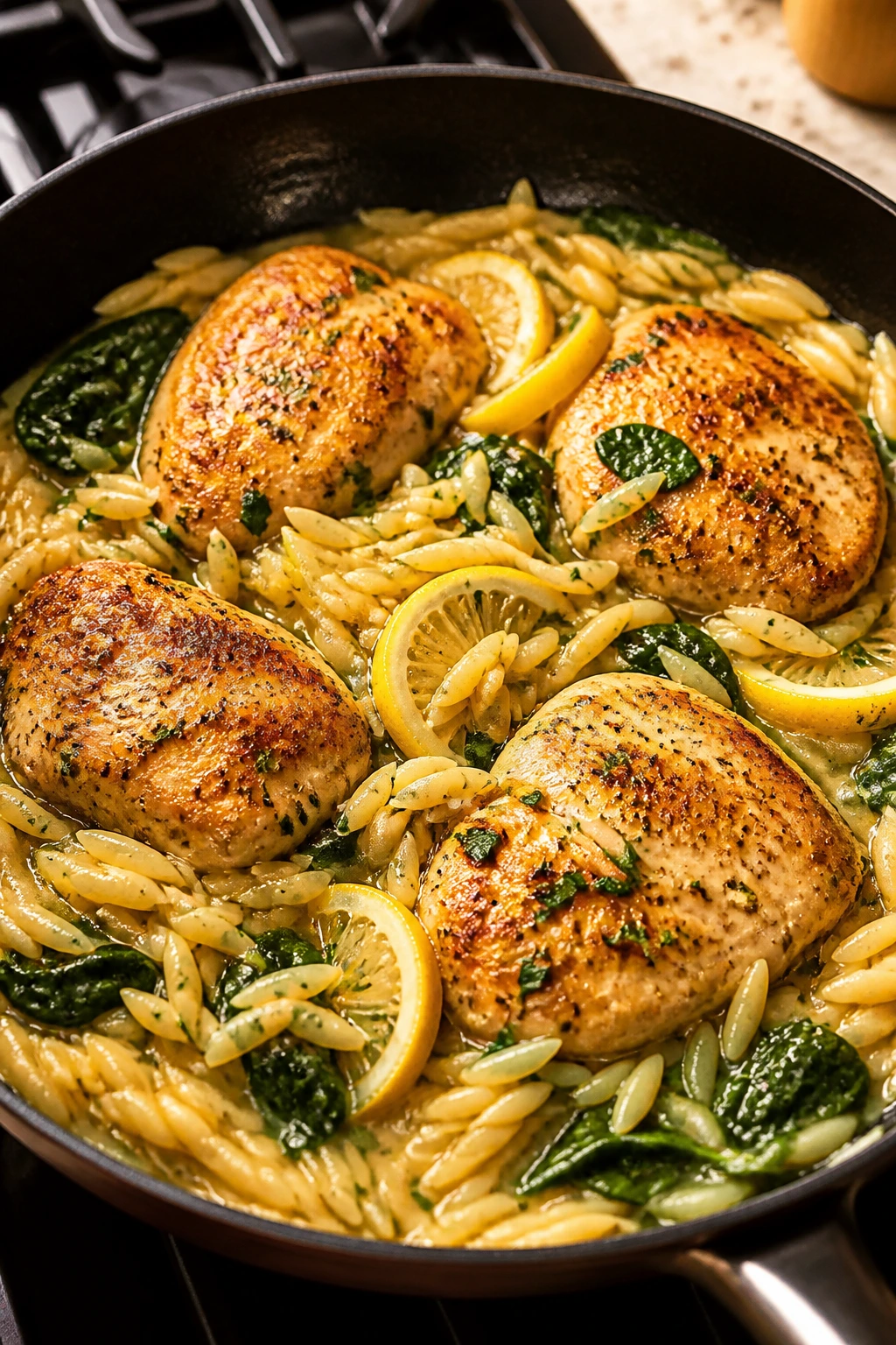 Skillet lemon chicken and orzo in a skillet on a kitchen counter.