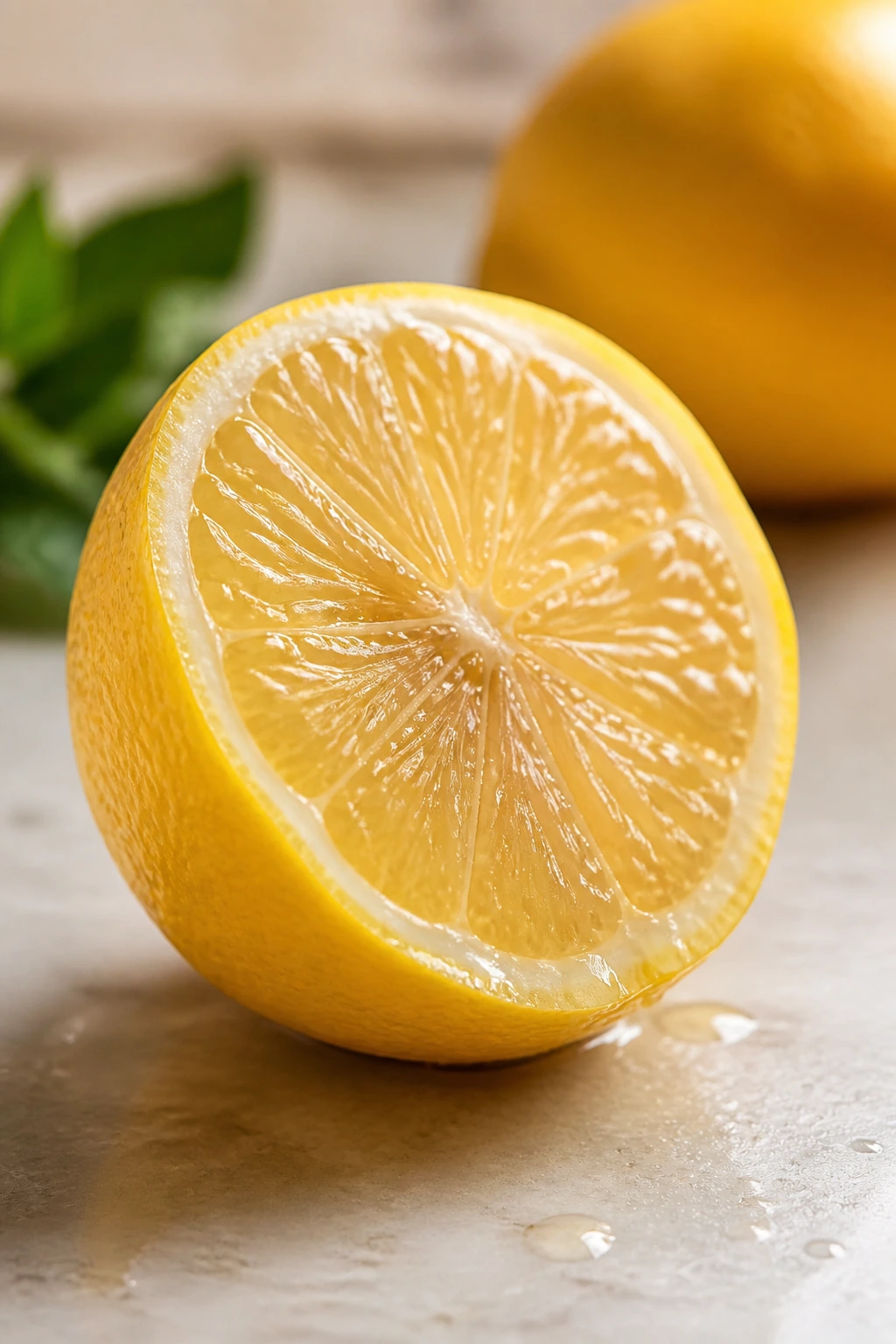Close-up of a lemon half with juice on a kitchen counter