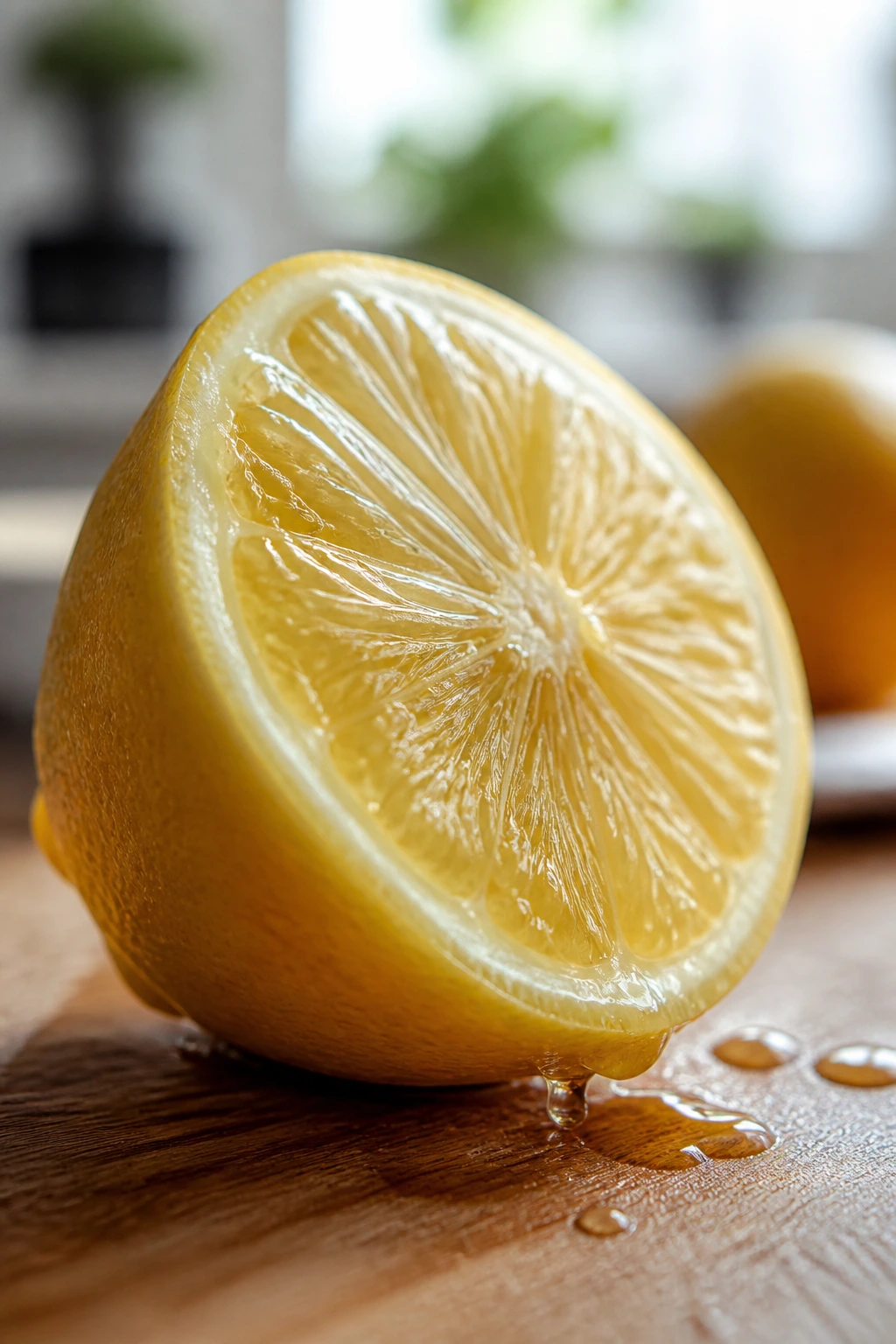 Close-up of a lemon half with juice droplets on a cutting board