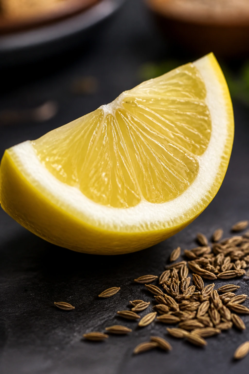 Lemon wedge with cumin seeds on a dark surface