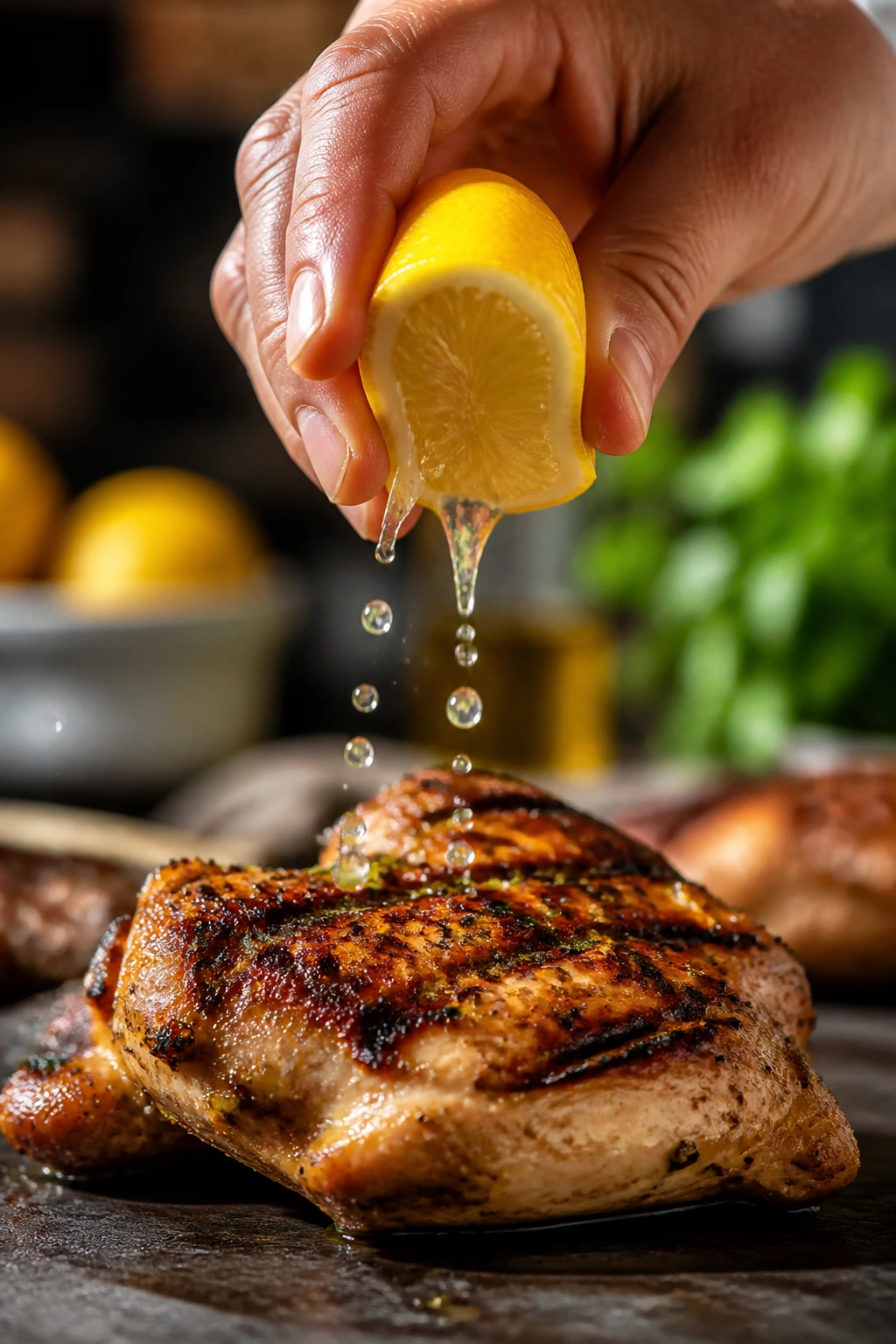 Lemon being squeezed over grilled chicken to boost flavor.