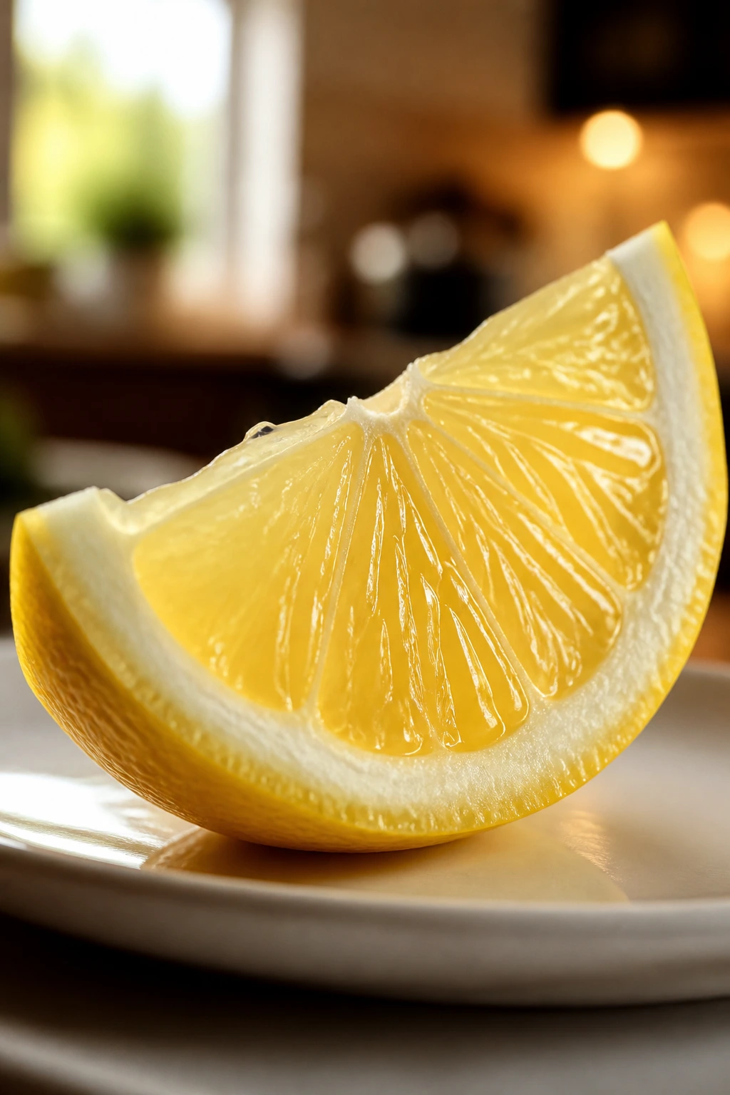 Juicy lemon wedge on plate with bright citrus interior
