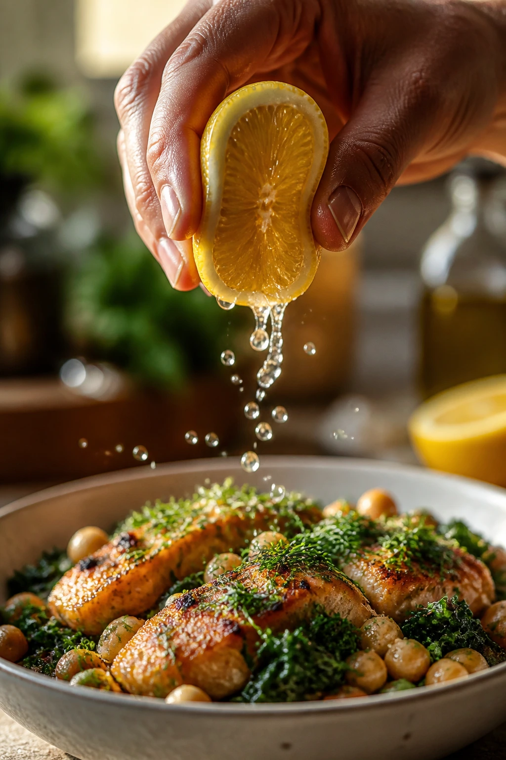 Lemon half being squeezed over a dish in a warm kitchen
