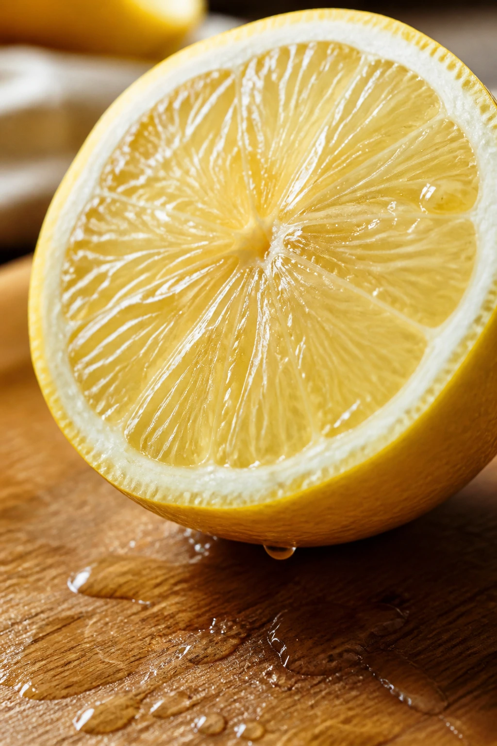 Close-up of a lemon half with juice droplets