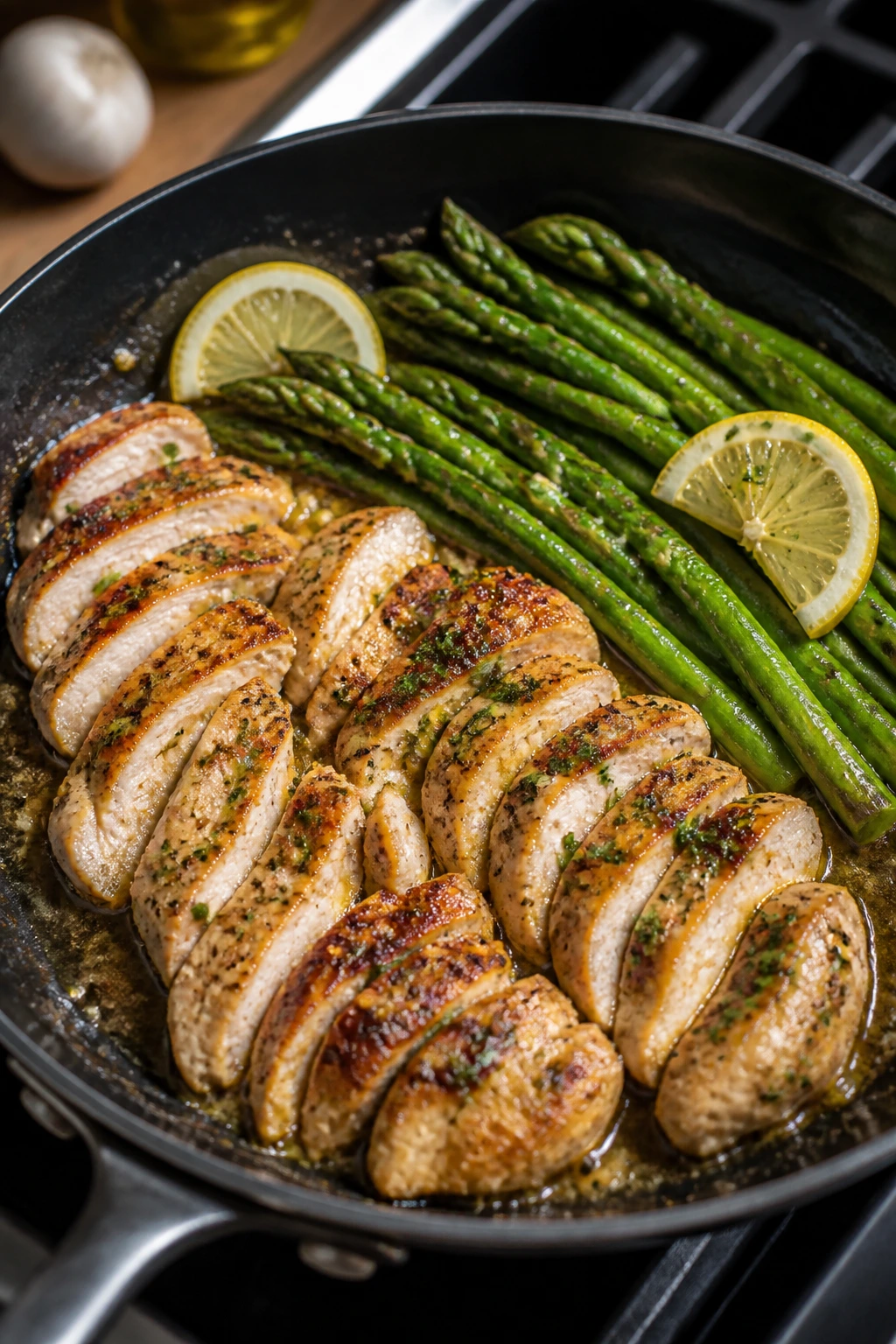 Close-up of lemon-garlic chicken with asparagus in a skillet