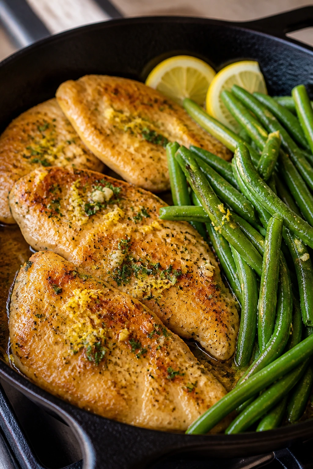 Close-up of lemon garlic chicken cutlets with green beans in a skillet