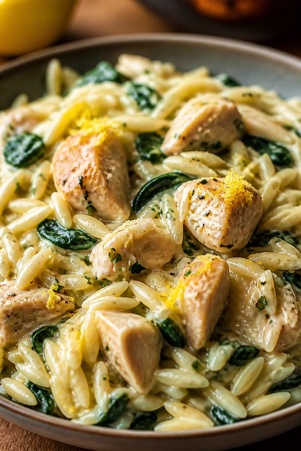 Creamy lemon garlic chicken orzo with spinach on a plate.