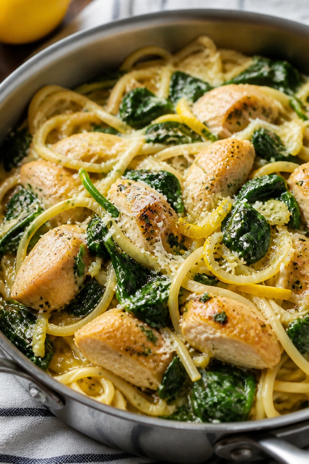 Lemon garlic chicken pasta with spinach on a plate