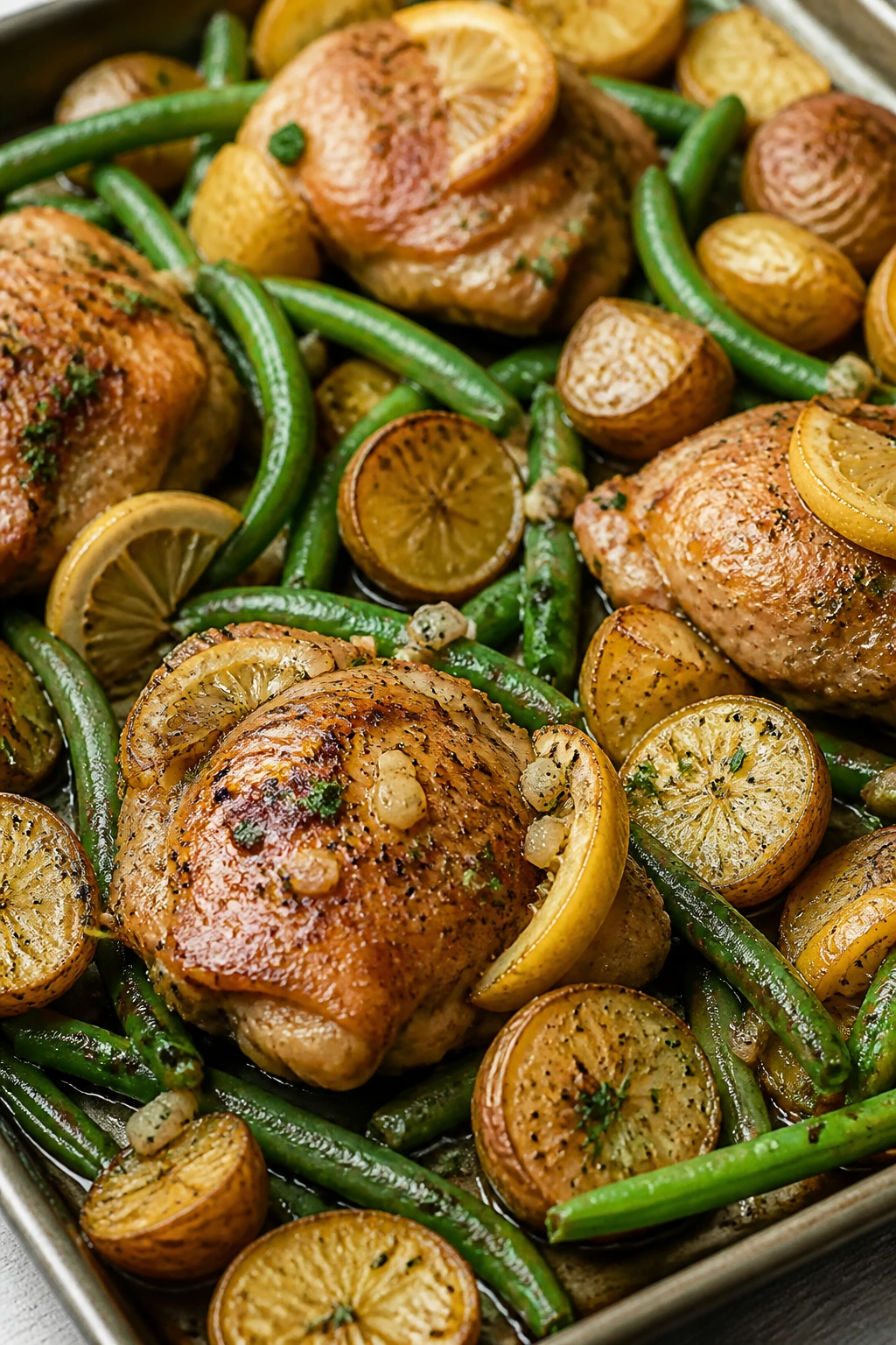 Close-up of lemon garlic chicken with potatoes and green beans on a sheet pan