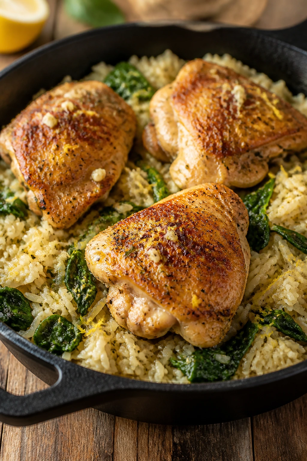 Close-up of lemon garlic chicken and rice in a skillet