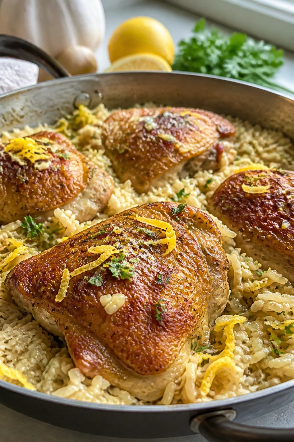 Lemon garlic chicken and rice skillet in a warm kitchen