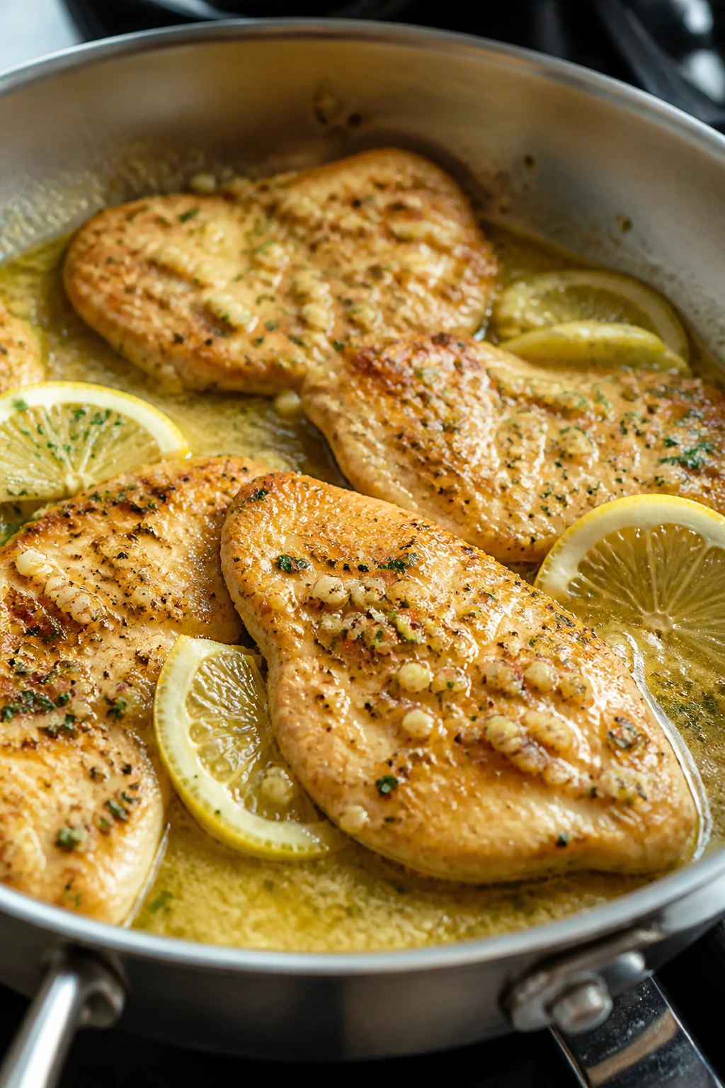 Close-up of lemon-garlic chicken cutlet in butter sauce on stove