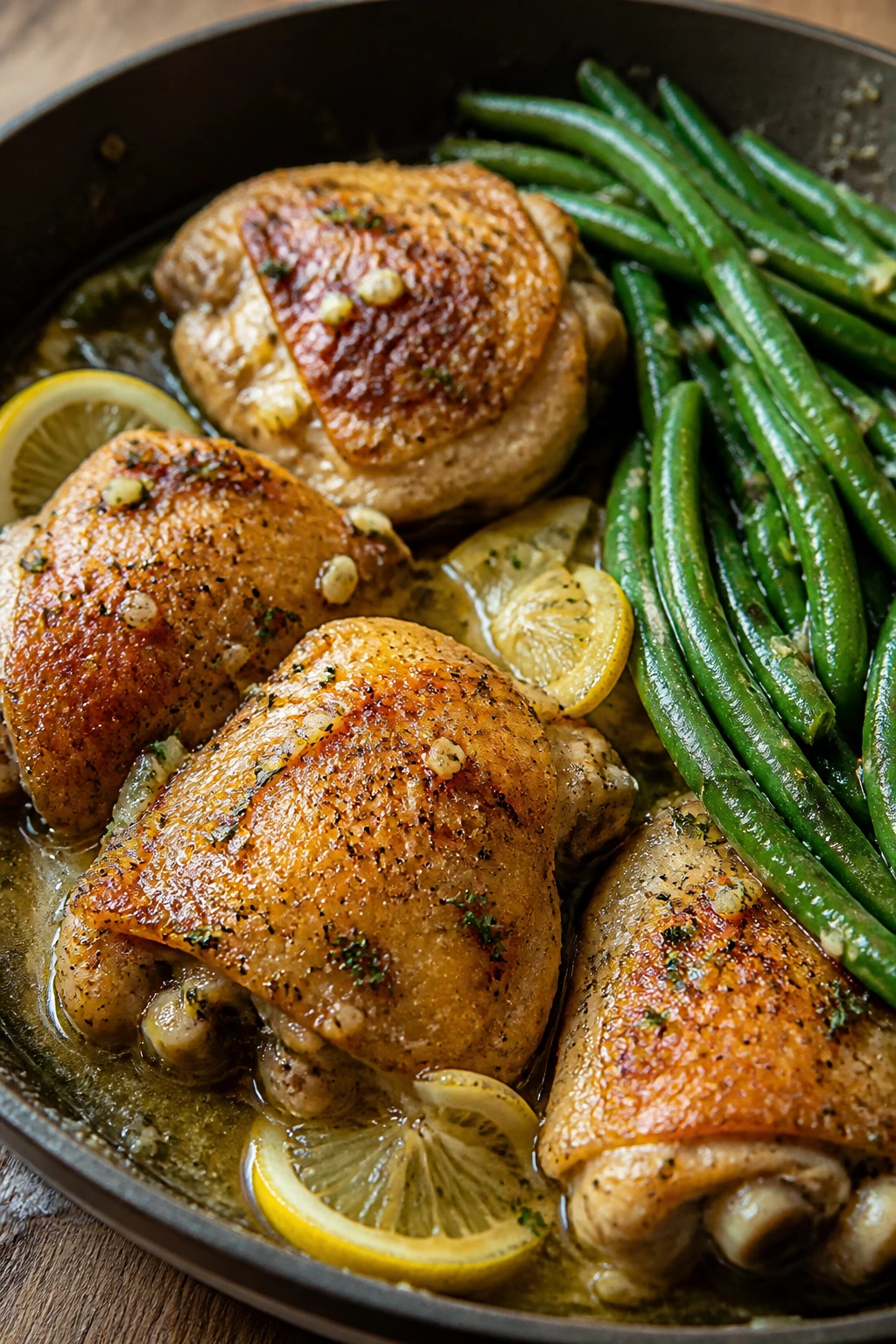 Close-up of lemon garlic chicken thighs with green beans in a skillet