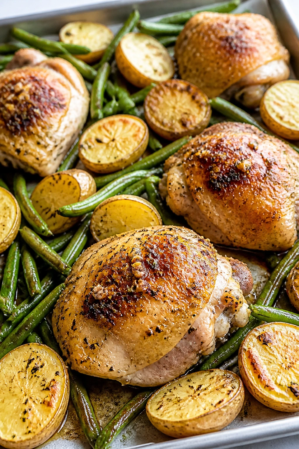 Close-up of lemon-garlic chicken thighs with potatoes and green beans on a sheet pan