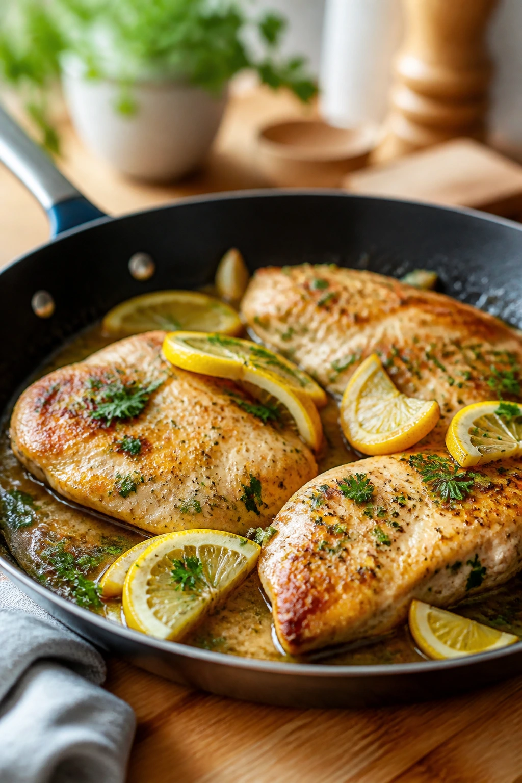 Skillet lemon garlic chicken with fresh herbs on a wooden counter.