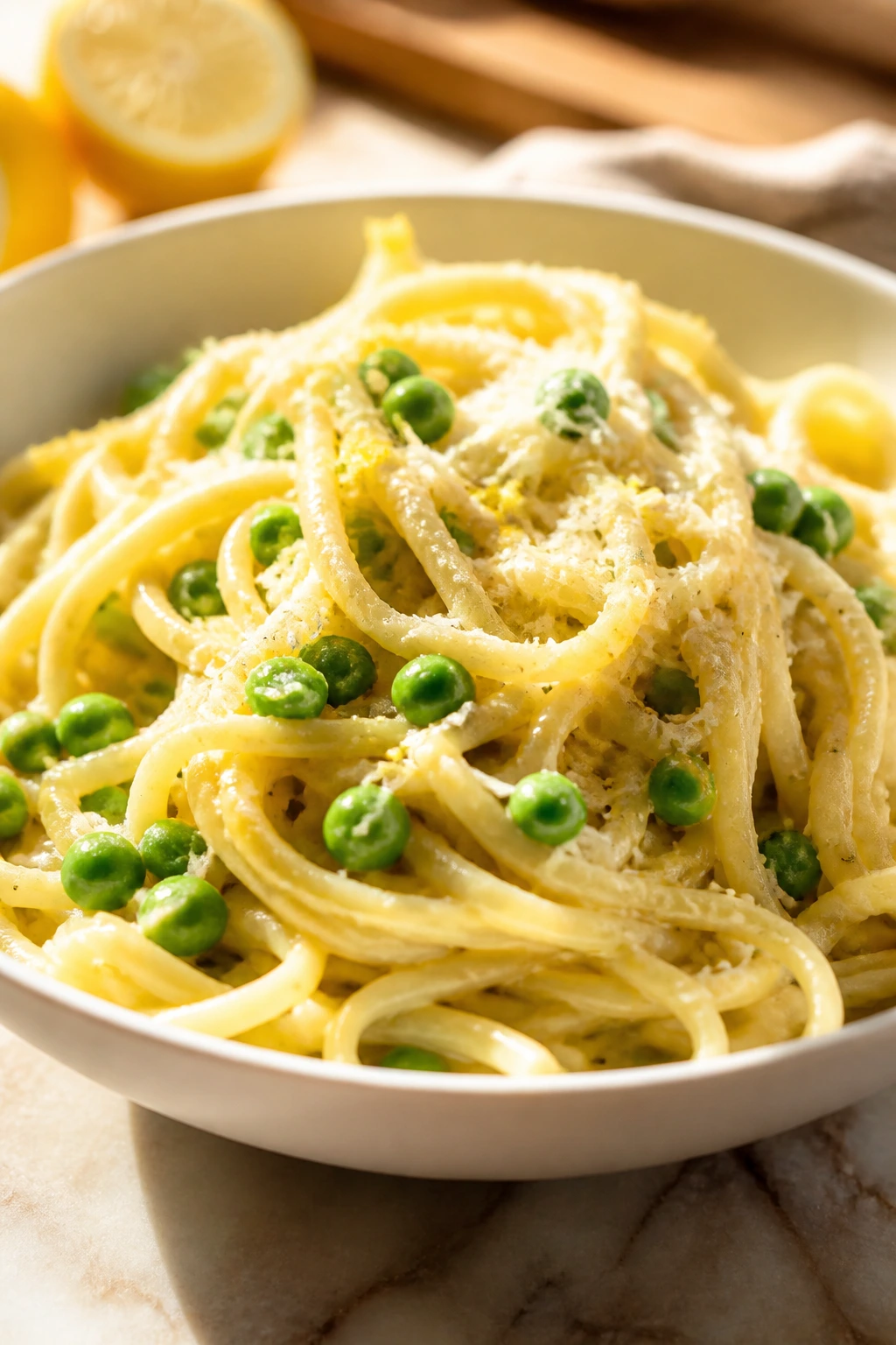 Close-up of lemon garlic parmesan pasta with peas in a white bowl
