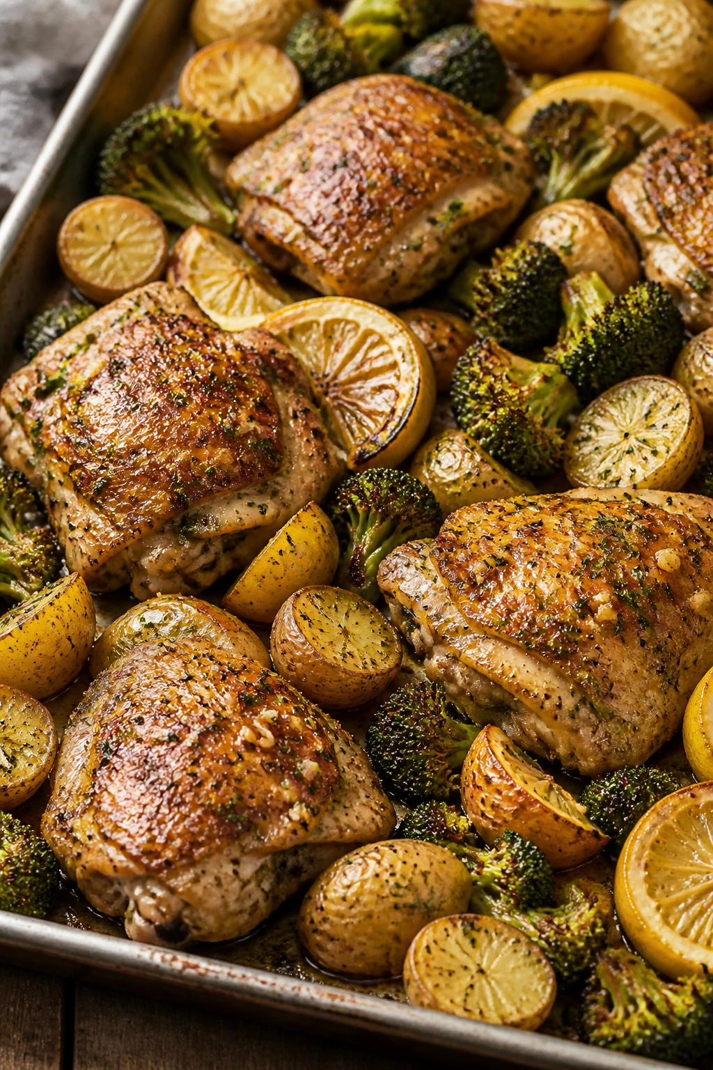 Sheet pan with lemon-garlic chicken, potatoes, and broccoli in a warm kitchen