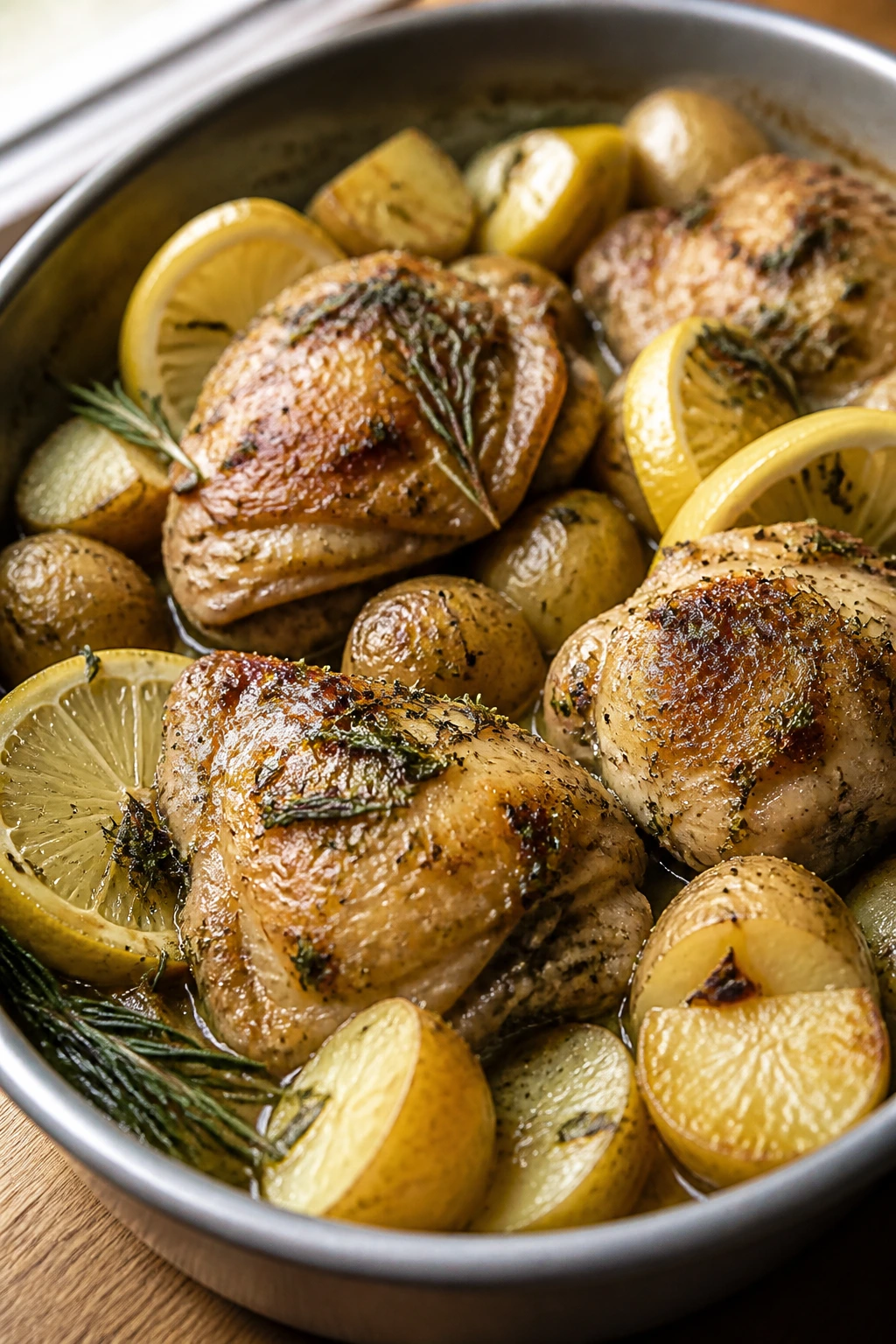 Close-up of lemon herb chicken and potatoes with lemon slices and rosemary