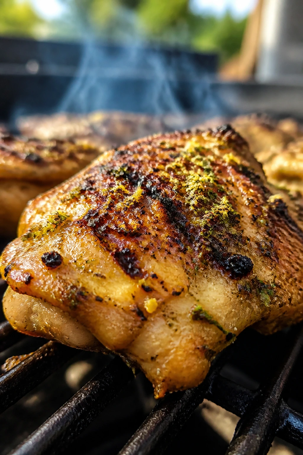 Close-up of lemon-herb grilled chicken thigh with crisp skin