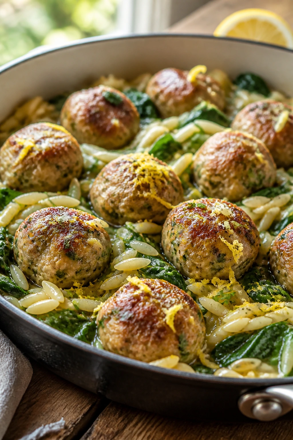 Lemon herb meatballs with orzo and spinach in a pan