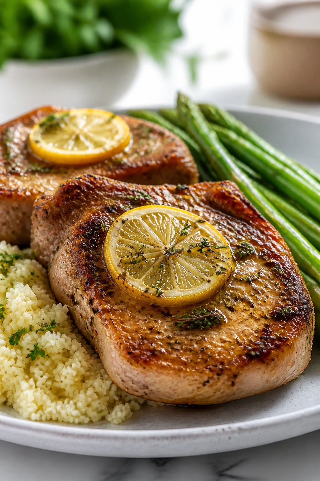 Lemon herb pork chops with couscous and asparagus on a plate