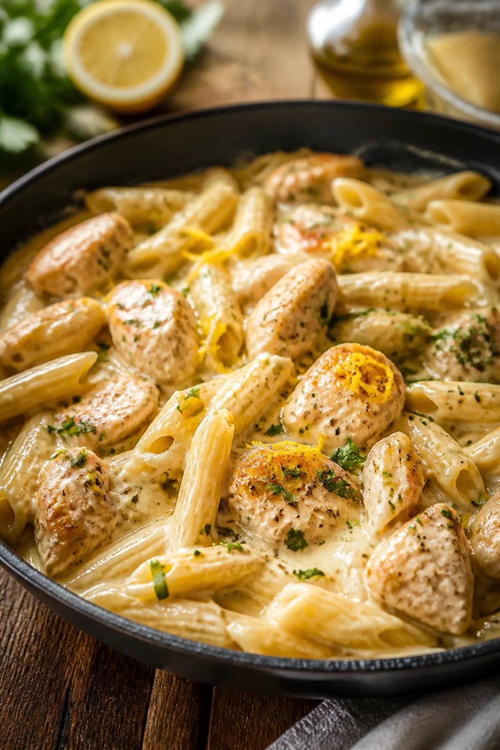 Close-up of Bright Lemon Herb Skillet with chicken, penne, lemon zest, and parsley in a creamy sauce.