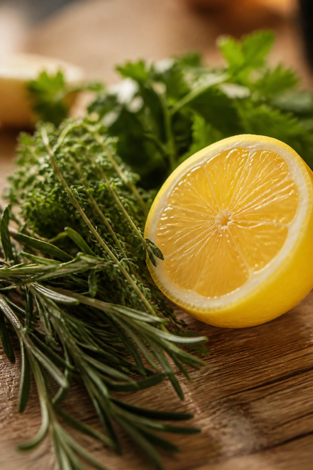 Lemon half with herbs on a cutting board to denote flavor boosters.