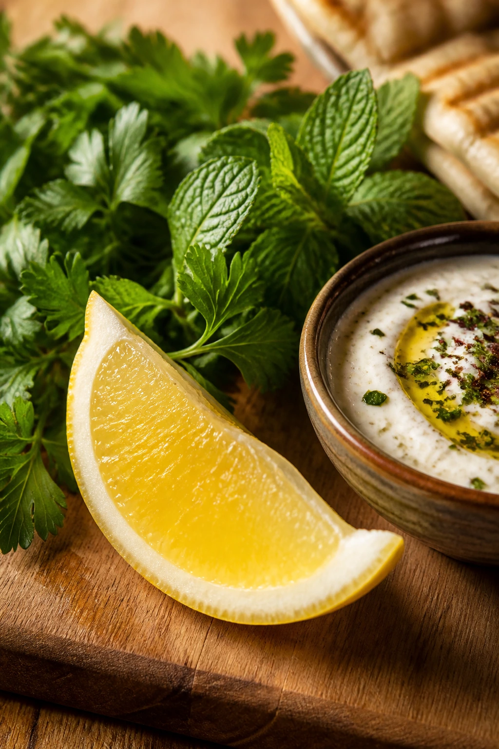 Lemon wedge with herbs and sauce on a wooden surface