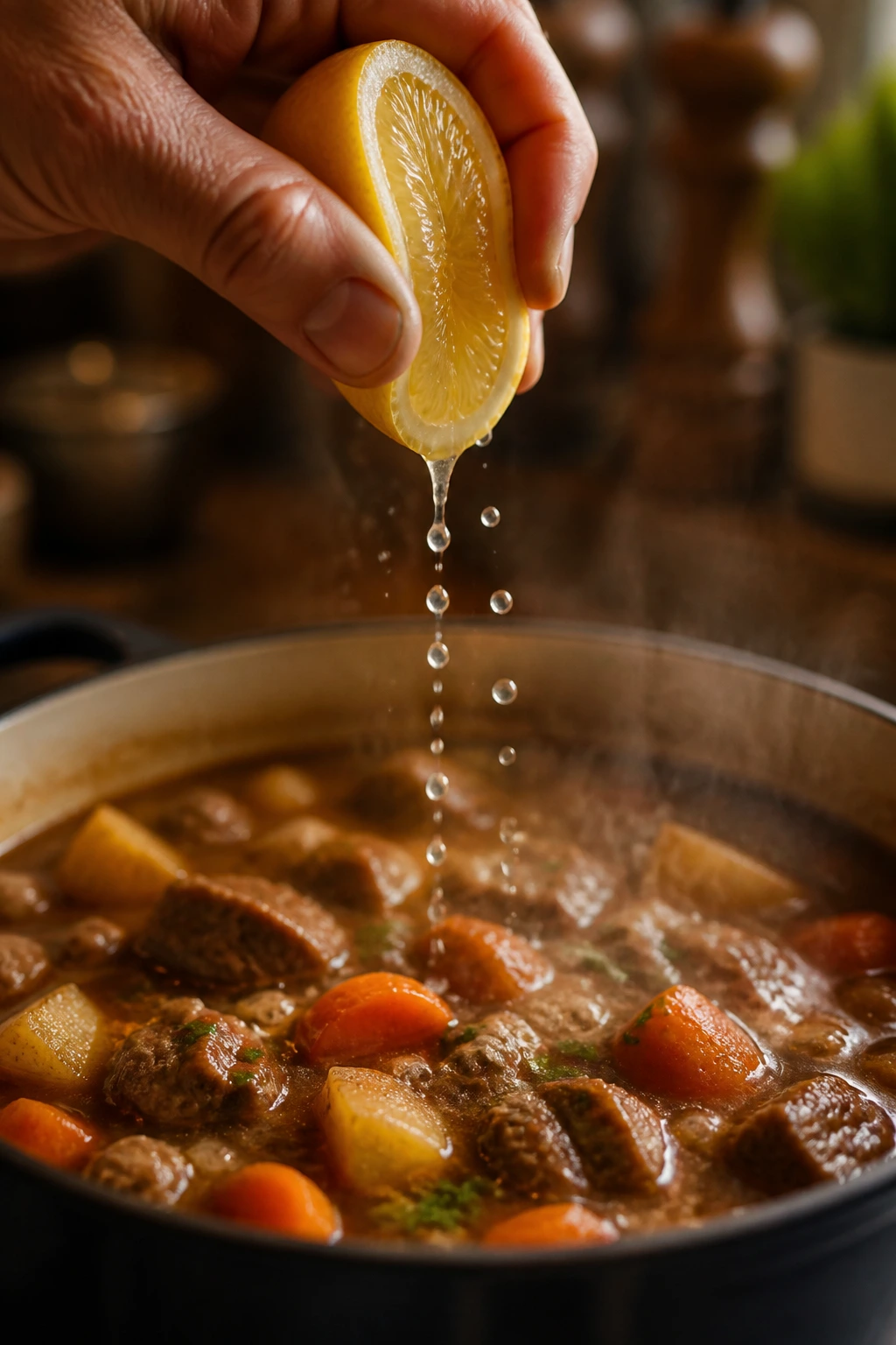 Lemon being squeezed over steaming stew pot