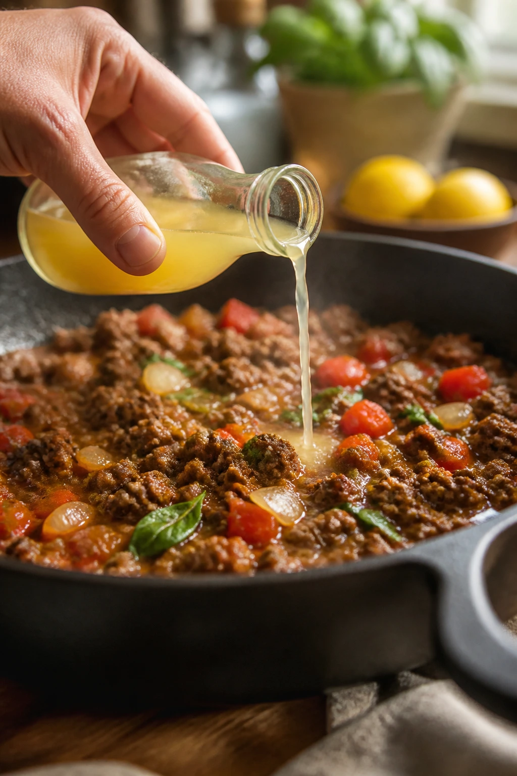 Lemon juice being added to a skillet for flavor
