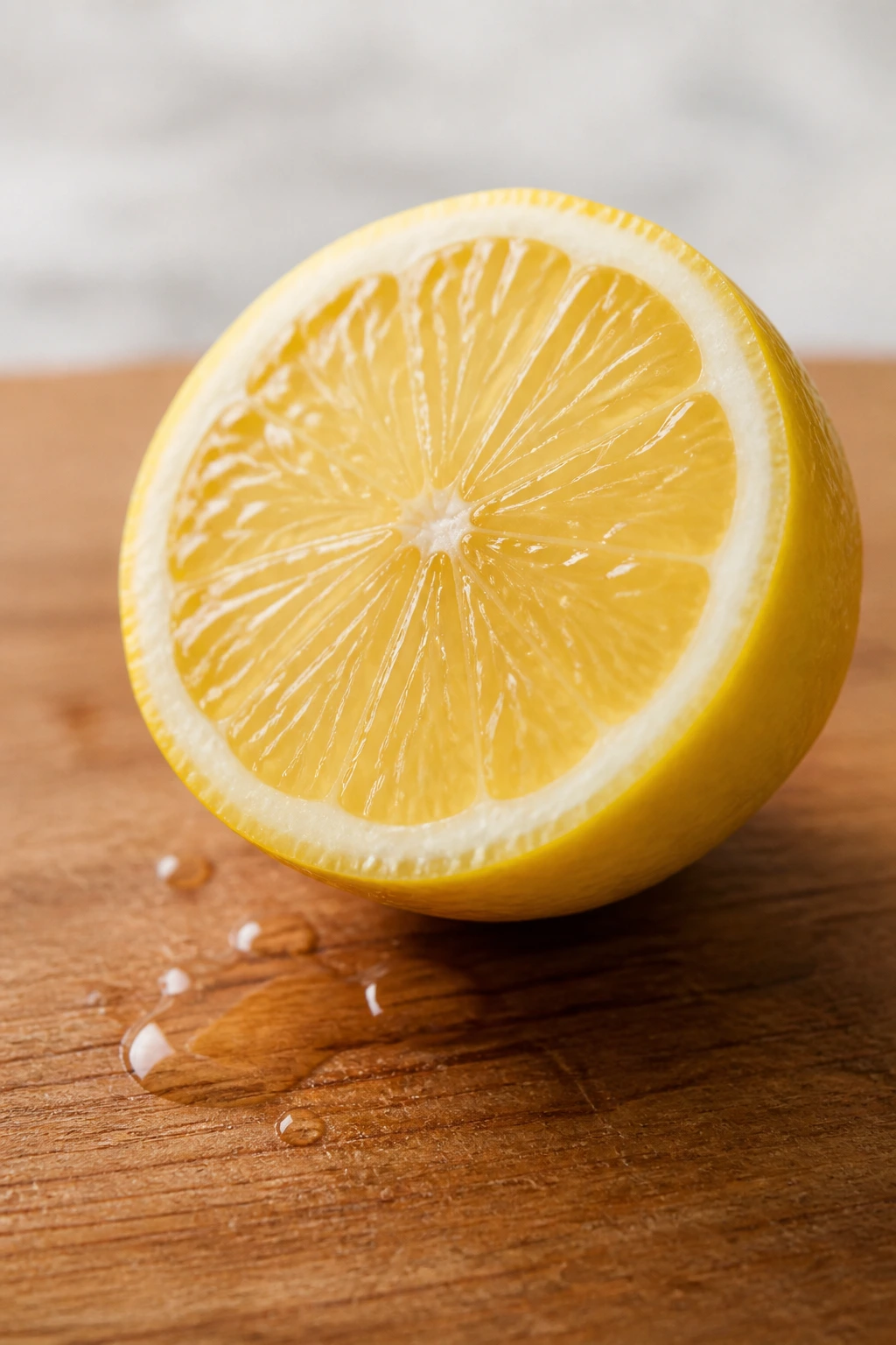 Lemon half with juice drops on board.