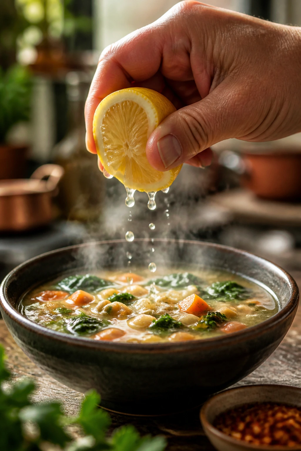 Hand squeezing lemon over bowl of soup
