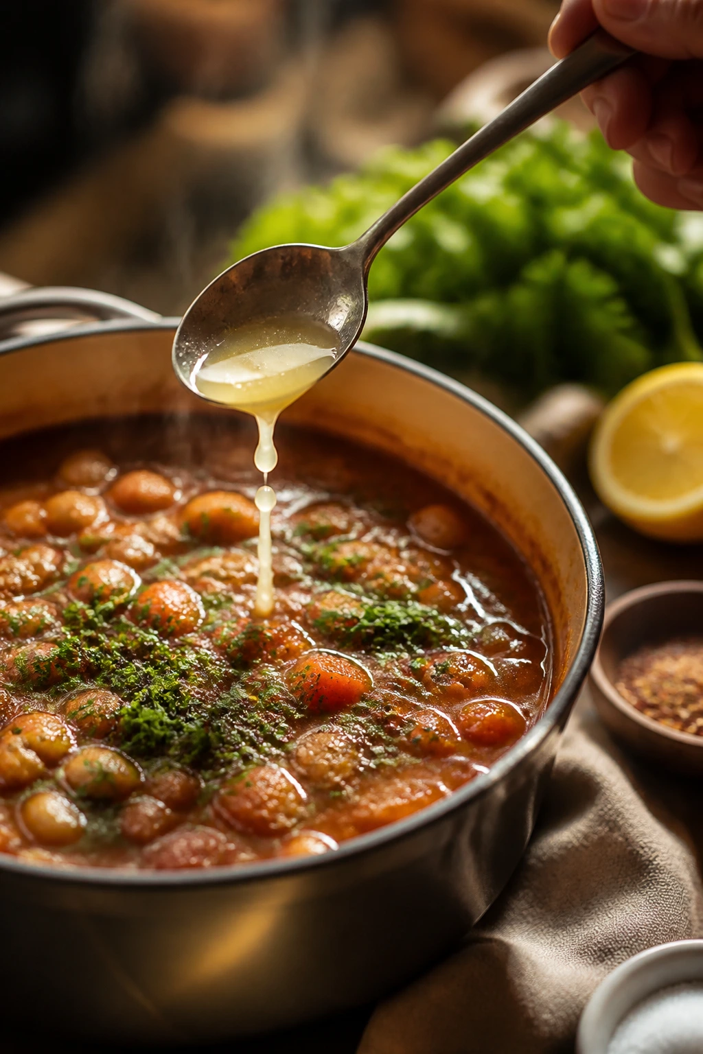 Lemon juice being added to a simmering pot with herbs nearby