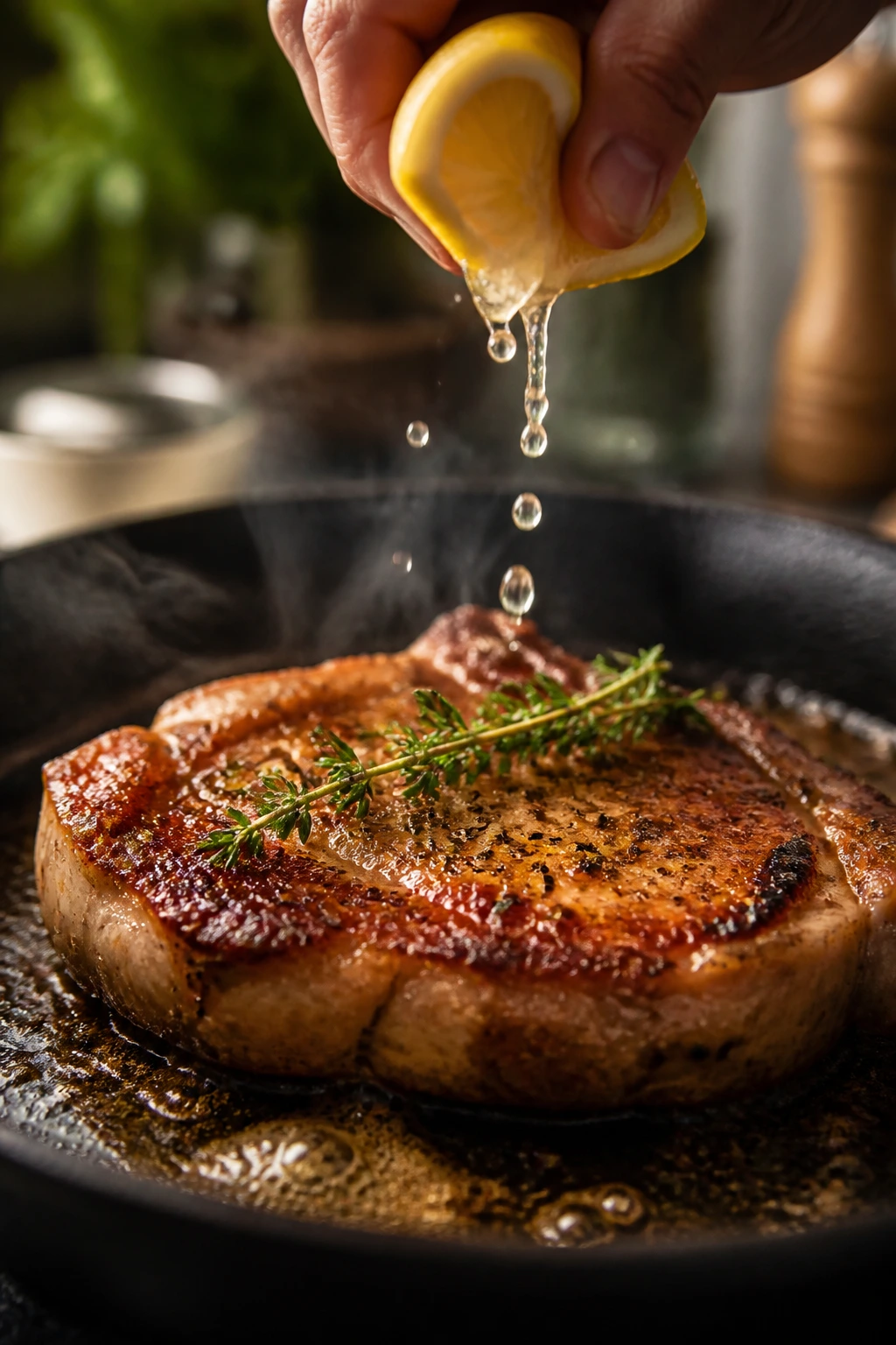 Hand squeezing lemon juice over a pork chop in a skillet.