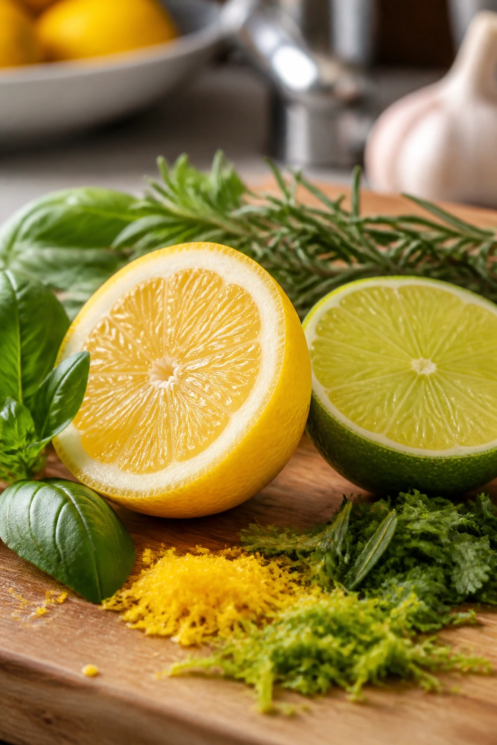 Close-up of lemon and lime halves with fresh herbs for citrus flavor boost.