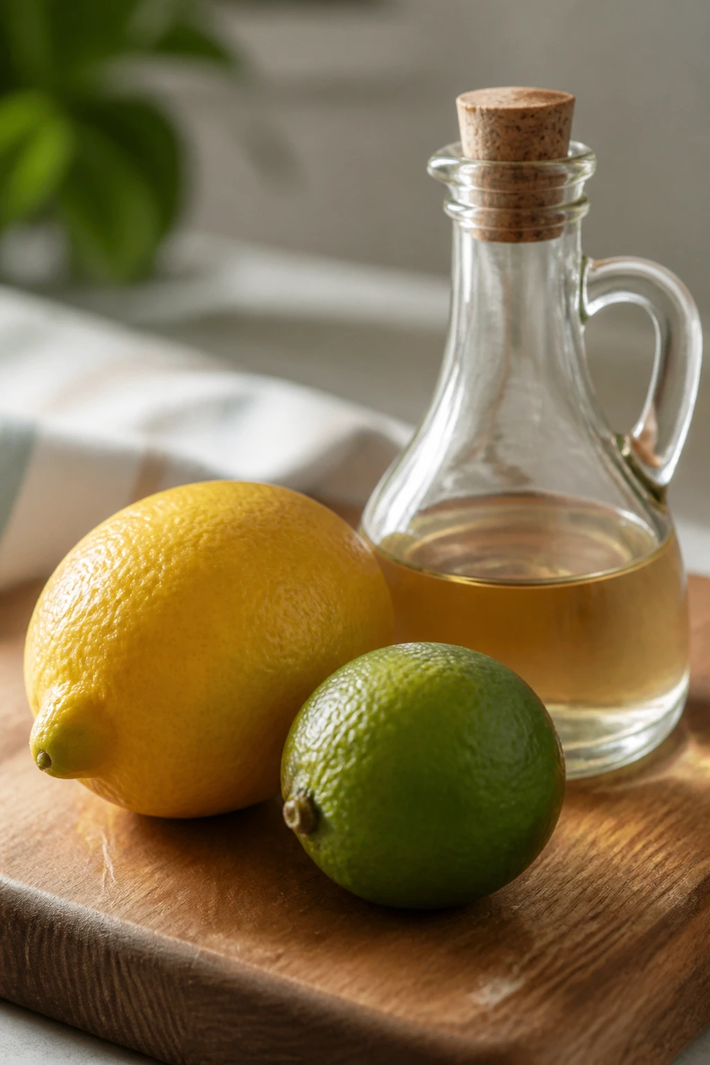 Lemon, lime, and vinegar bottle on cutting board for flavor boosts.
