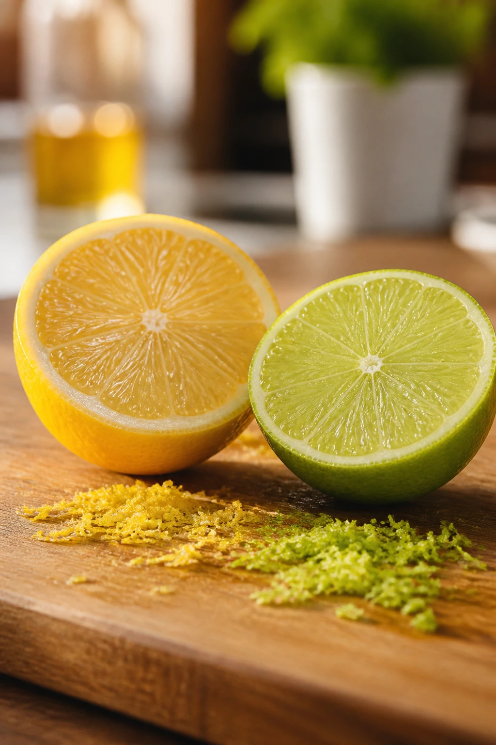 Close-up of lemon and lime halves with zest on a cutting board
