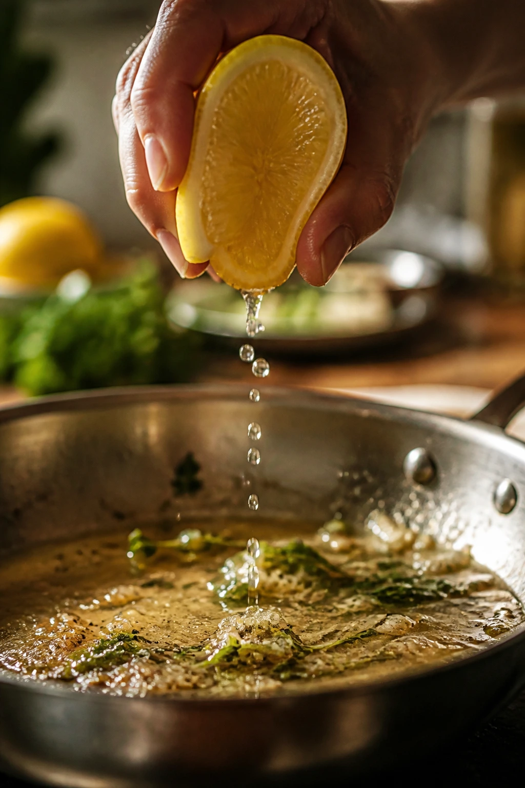 Lemon juice droplets over a glossy pan sauce