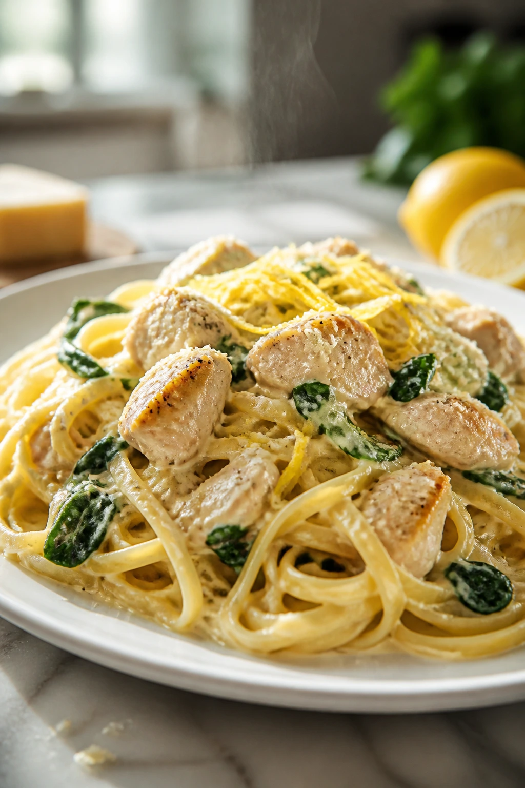 Creamy lemon parmesan chicken pasta with spinach on a sunny plate