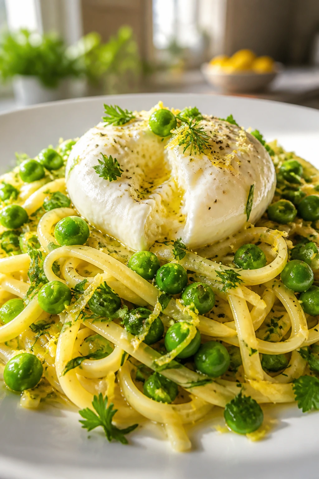 Close-up lemon pasta with burrata and peas on a plate in a bright kitchen