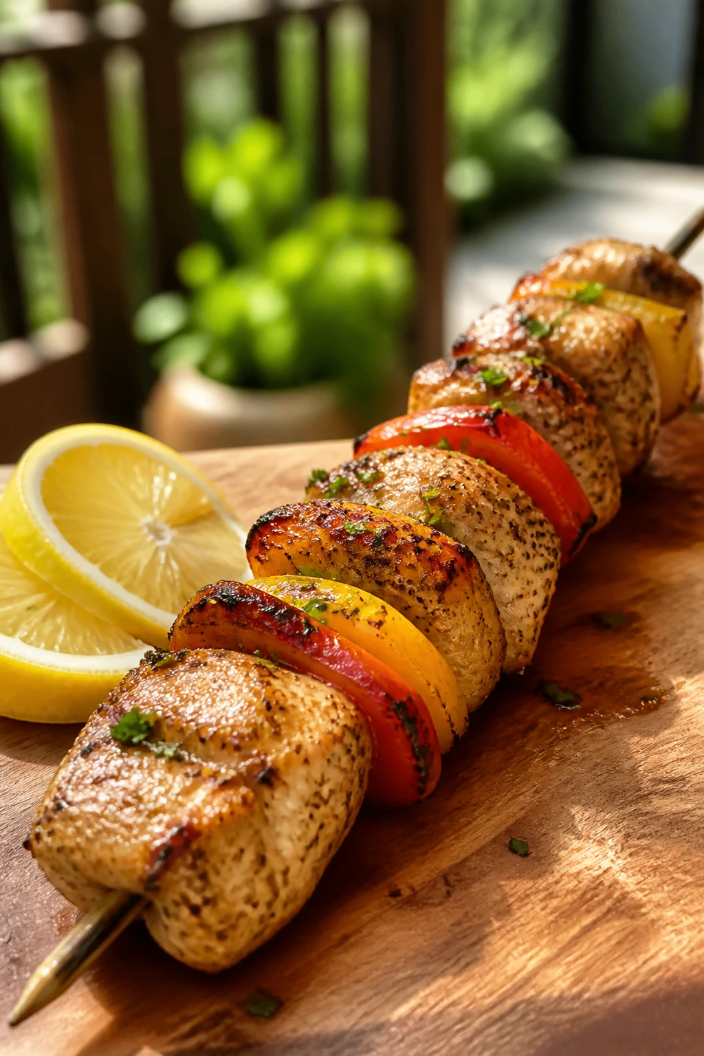 Close-up of lemon pepper chicken skewer with peppers on wooden board