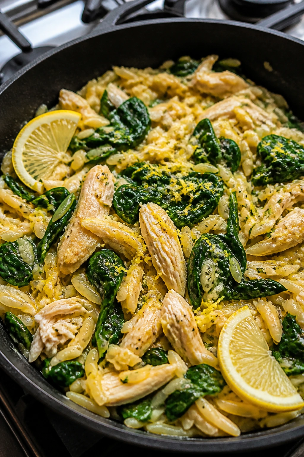 Close-up of lemon spinach chicken orzo skillet with spinach and lemon zest