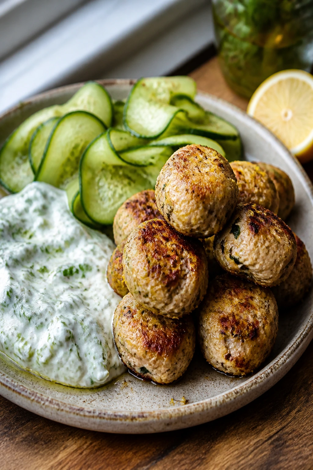 Close-up of lemon-touched turkey meatballs with tzatziki and cucumber ribbons on a rustic plate